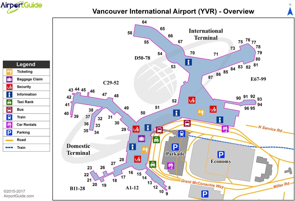 yvr घरेलू टर्मिनल का नक्शा