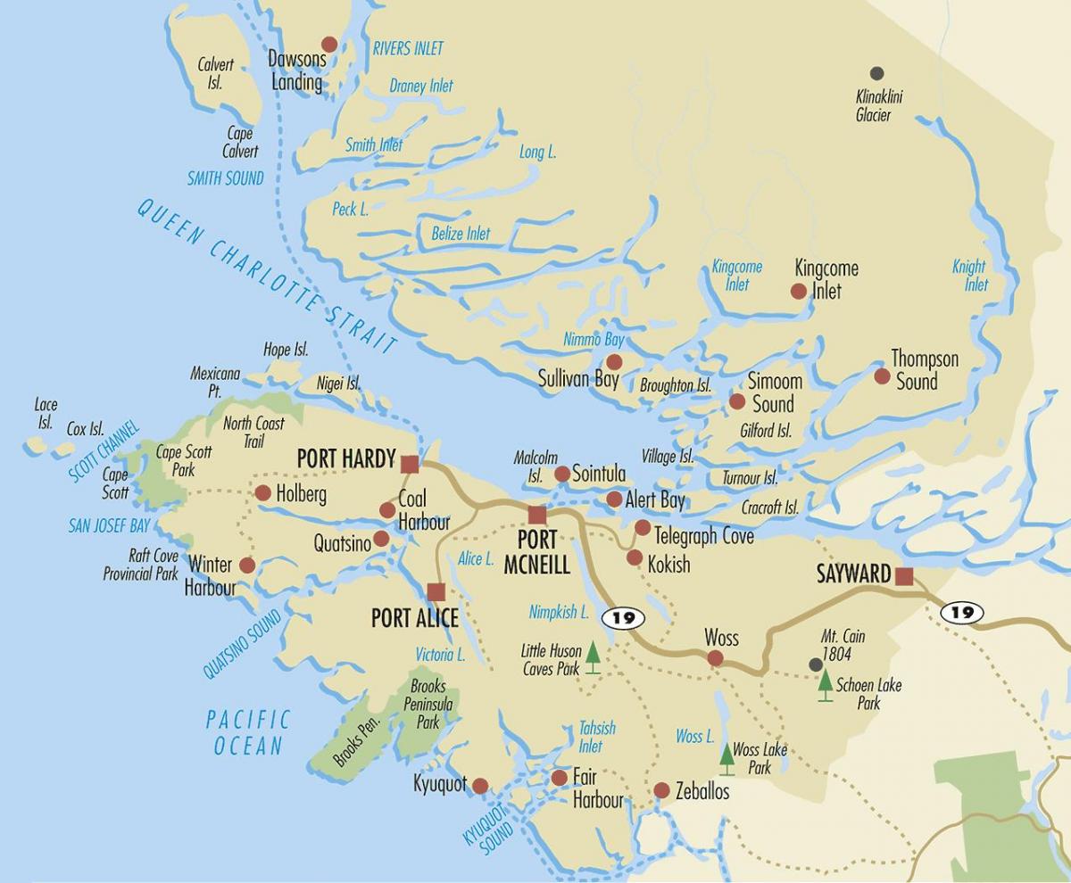 नक्शे के उत्तर वैंकूवर द्वीप