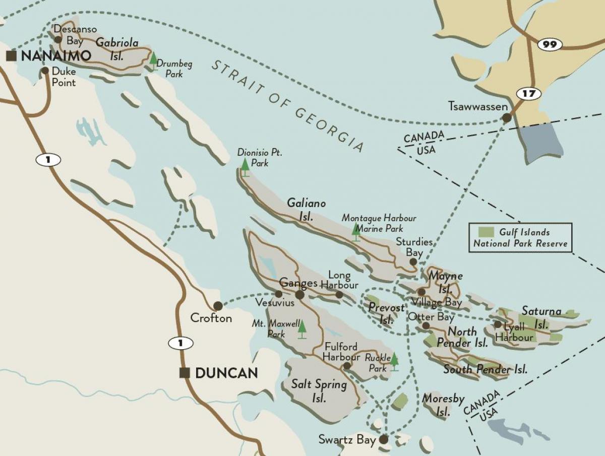 नक्शे के वैंकूवर द्वीप और खाड़ी द्वीप समूह