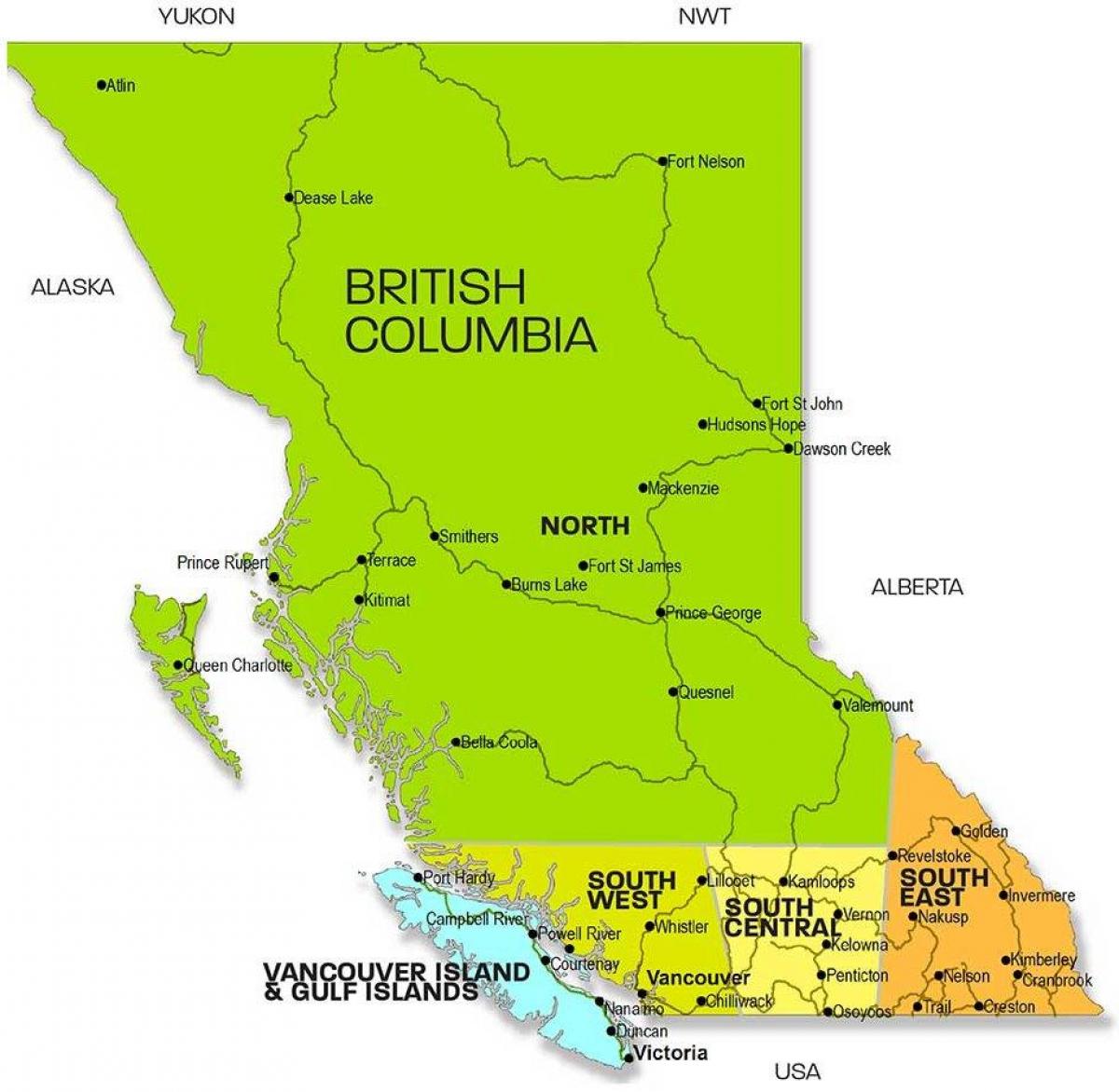नक्शा ब्रिटिश कोलंबिया के क्षेत्रों