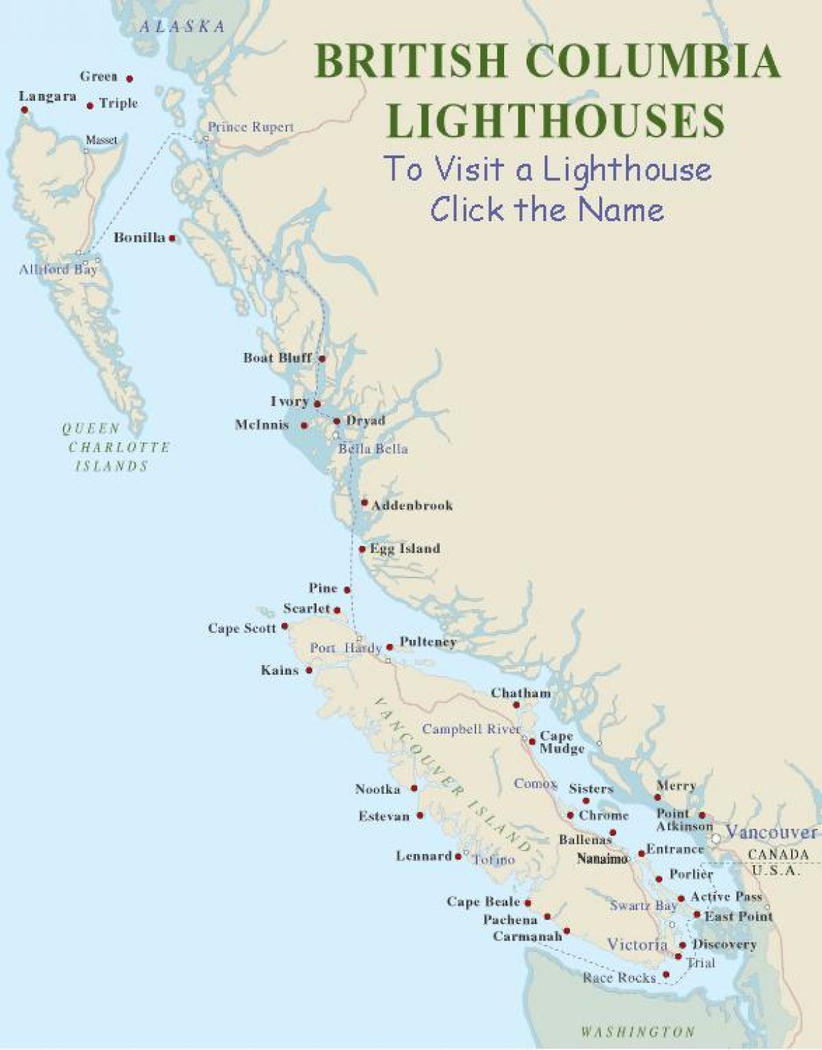 नक्शे के वैंकूवर द्वीप lighthouses