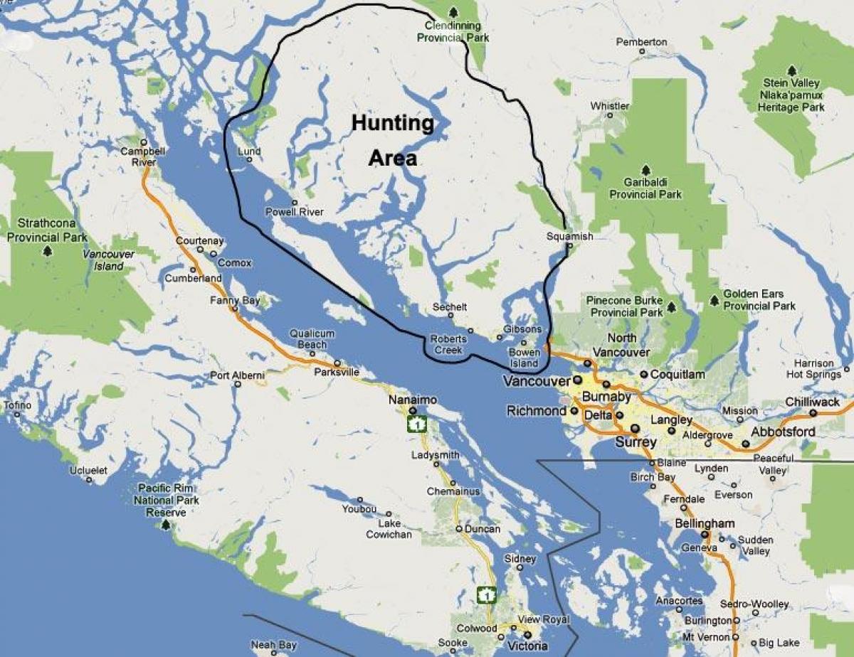 नक्शा वैंकूवर द्वीप के शिकार