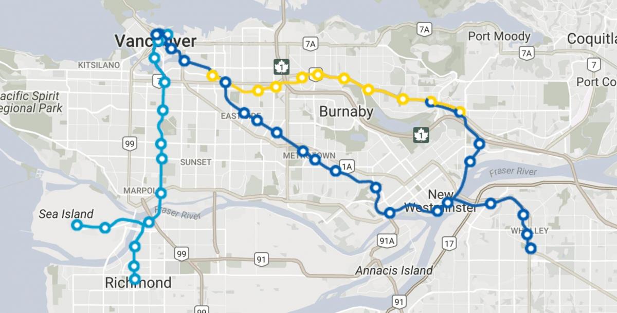 स्काईट्रेन वैंकूवर नक्शा मार्गों